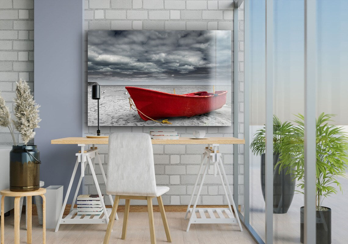 Boat on Seashore B&W UV Direct Aluminum Print Australian Made Quality