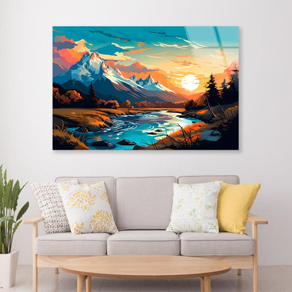 Sunset Over Mountain River  Acrylic Glass Print Tempered Glass Wall Art 100% Made in Australia Ready to Hang