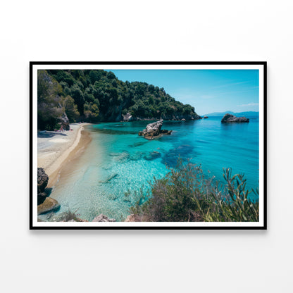 Beach, Blue Ocean and a Rocky Shore Home Decor Premium Quality Poster Print Choose Your Sizes