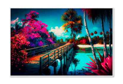 Ocean, Palm Trees, Flowers and Sky Wall Art Limited Edition High Quality Print