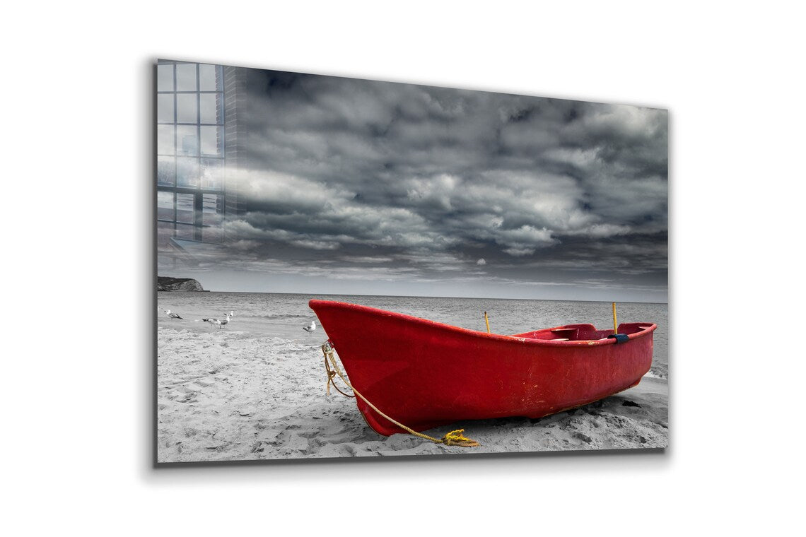 Boat on Seashore B&W UV Direct Aluminum Print Australian Made Quality