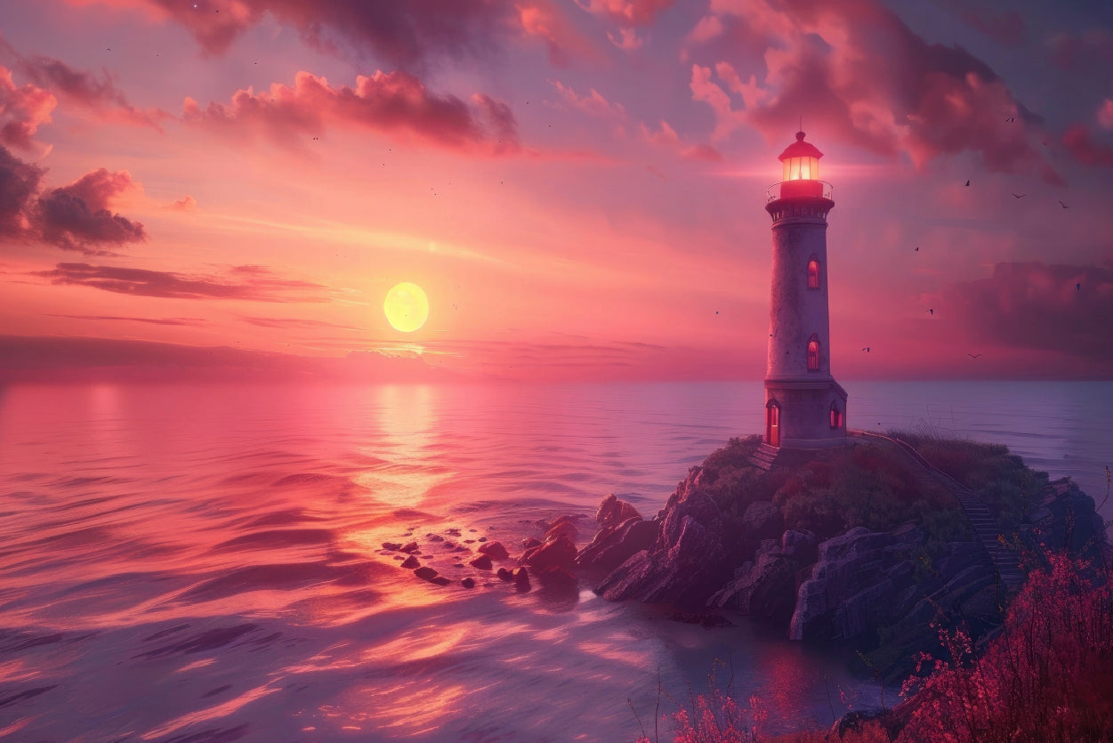 Lighthouse Standing On a Rocky Shore & Sky Print 100% Australian Made - Bella Home Decor