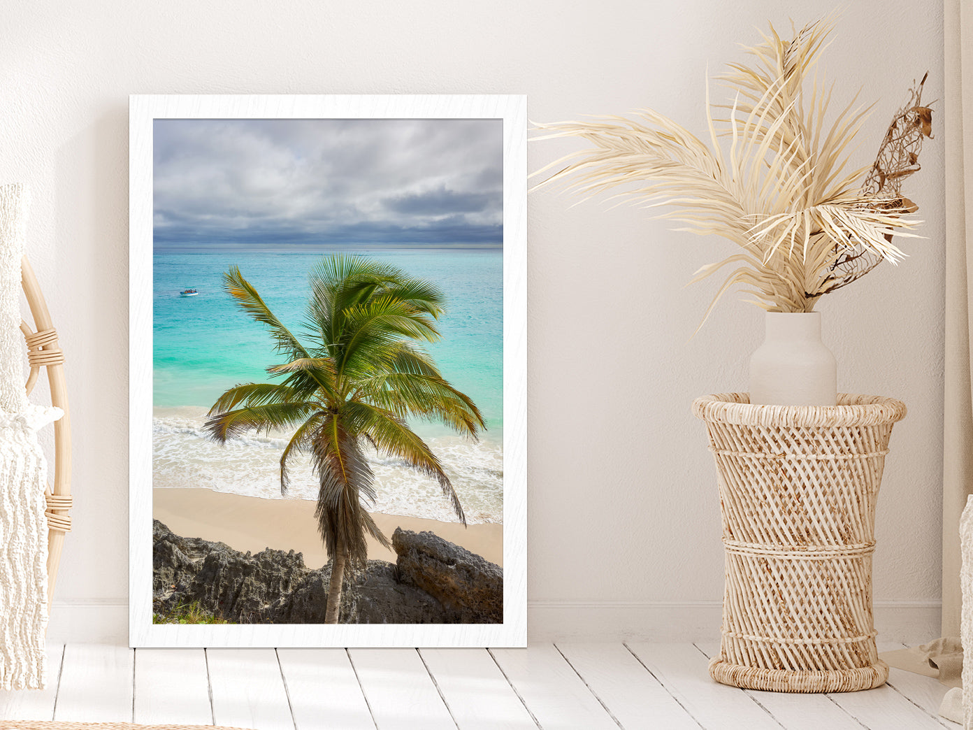 Palm Tree & Rocks near Beach Photograph Glass Framed Wall Art, Ready to Hang Quality Print Without White Border White