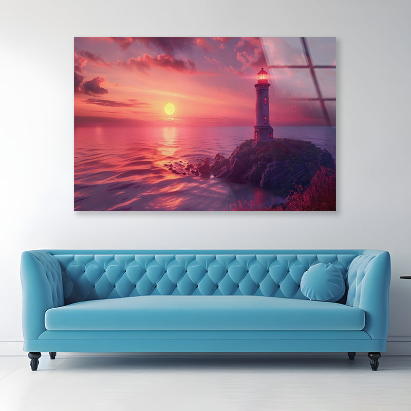 Lighthouse Standing On a Rocky Shore & Sky Acrylic Glass Print Tempered Glass Wall Art 100% Made in Australia Ready to Hang - Bella Home Decor