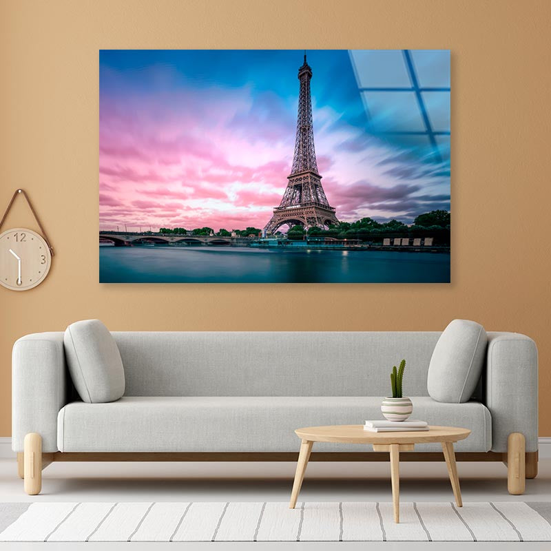 Eiffel Tower From Seine River with Evening Purple Blue Sky Acrylic Glass Print Tempered Glass Wall Art 100% Made in Australia Ready to Hang - Bella Home Decor