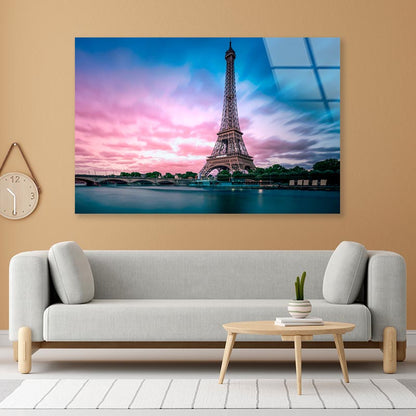 Eiffel Tower From Seine River with Evening Purple Blue Sky Acrylic Glass Print Tempered Glass Wall Art 100% Made in Australia Ready to Hang - Bella Home Decor