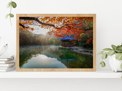 Autumn Leaves On Shore Of The Lake Glass Framed Wall Art, Ready to Hang Quality Print Without White Border Oak