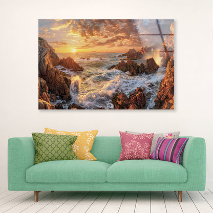 Rocky Coastline at Sunset with Waves Acrylic Glass Print Tempered Glass Wall Art 100% Made in Australia Ready to Hang - Bella Home Decor