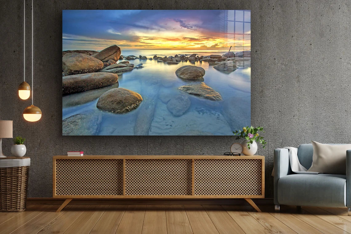 Rocks on Sea Sunset Sky UV Direct Aluminum Print Australian Made Quality