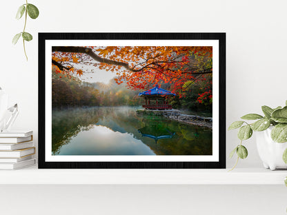 Autumn Leaves On Shore Of The Lake Glass Framed Wall Art, Ready to Hang Quality Print With White Border Black