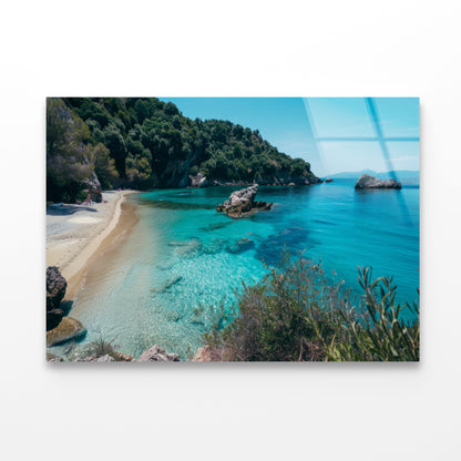 Beach, Blue Ocean and a Rocky Shore Acrylic Glass Print Tempered Glass Wall Art 100% Made in Australia Ready to Hang - Bella Home Decor