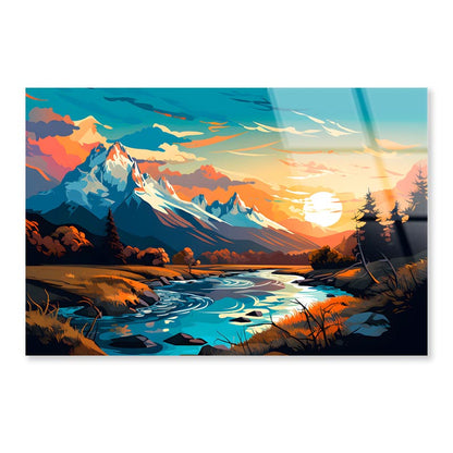 Sunset Over Mountain River  Acrylic Glass Print Tempered Glass Wall Art 100% Made in Australia Ready to Hang