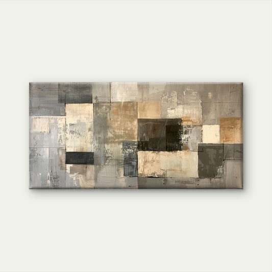Neutral Grey Beige Geometric Mosaic Block Abstract Wall Art Canvas Office Home Framed 120x60cm
