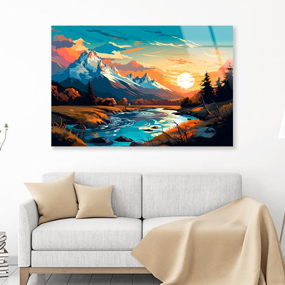 Sunset Over Mountain River  Acrylic Glass Print Tempered Glass Wall Art 100% Made in Australia Ready to Hang