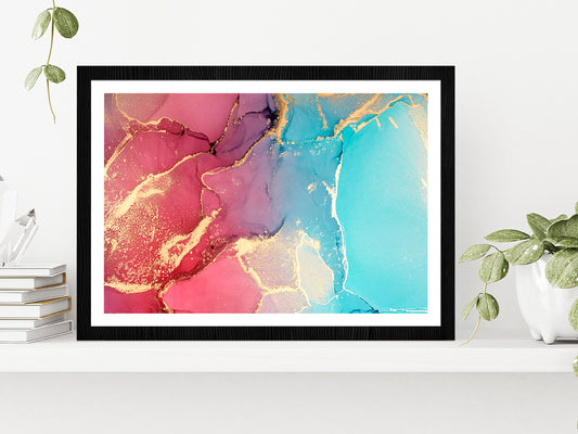 Pink Blue & Gold Abstract Paint Glass Framed Wall Art, Ready to Hang Quality Print With White Border Black