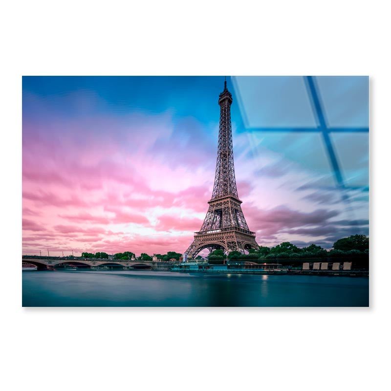 Eiffel Tower From Seine River with Evening Purple Blue Sky Acrylic Glass Print Tempered Glass Wall Art 100% Made in Australia Ready to Hang - Bella Home Decor