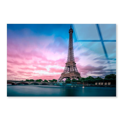 Eiffel Tower From Seine River with Evening Purple Blue Sky Acrylic Glass Print Tempered Glass Wall Art 100% Made in Australia Ready to Hang - Bella Home Decor