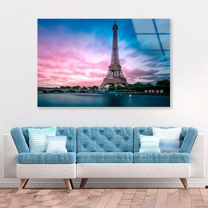 Eiffel Tower From Seine River with Evening Purple Blue Sky Acrylic Glass Print Tempered Glass Wall Art 100% Made in Australia Ready to Hang - Bella Home Decor
