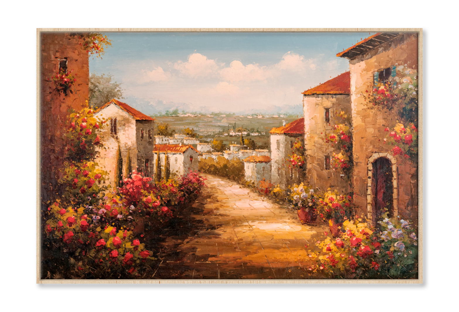 House By The Sea, Colorful Flowers Oil Painting Wall Art Limited Edition High Quality Print Canvas Box Framed Natural