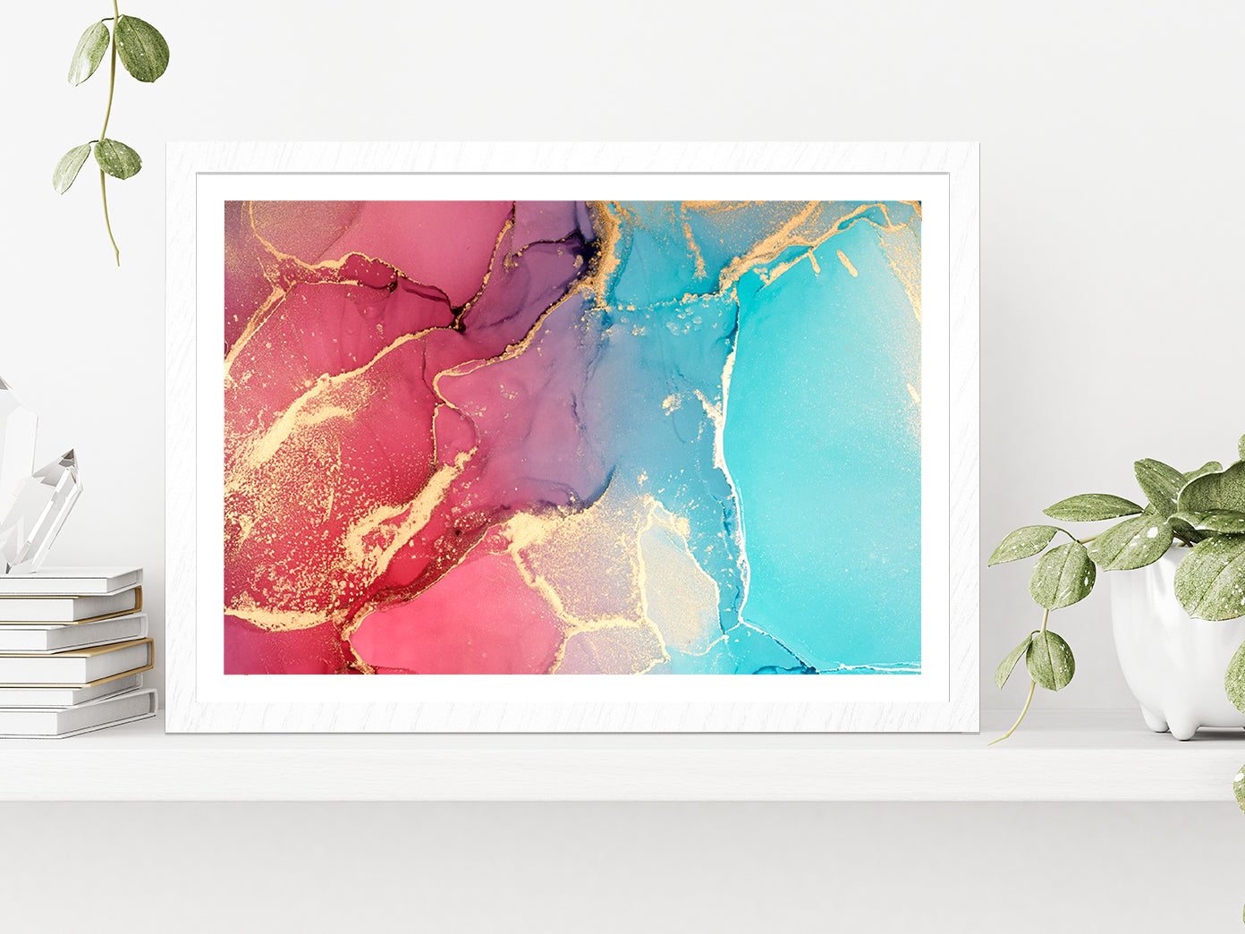 Pink Blue & Gold Abstract Paint Glass Framed Wall Art, Ready to Hang Quality Print With White Border White