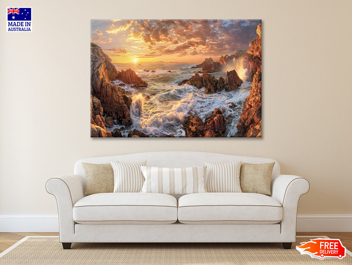 Rocky Coastline at Sunset with Waves Print 100% Australian Made - Bella Home Decor