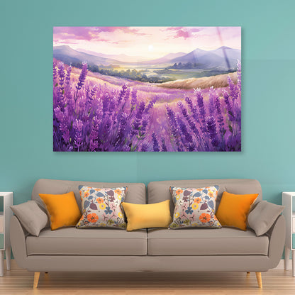 Field Of Purple Flowers, Sky & Mountains Acrylic Glass Print Tempered Glass Wall Art 100% Made in Australia Ready to Hang - Bella Home Decor