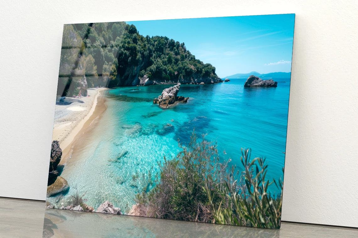 Beach, Blue Ocean and a Rocky Shore Acrylic Glass Print Tempered Glass Wall Art 100% Made in Australia Ready to Hang - Bella Home Decor