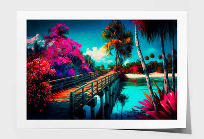 Ocean, Palm Trees, Flowers and Sky Wall Art Limited Edition High Quality Print