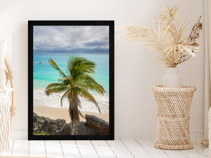 Palm Tree & Rocks near Beach Photograph Glass Framed Wall Art, Ready to Hang Quality Print Without White Border Black