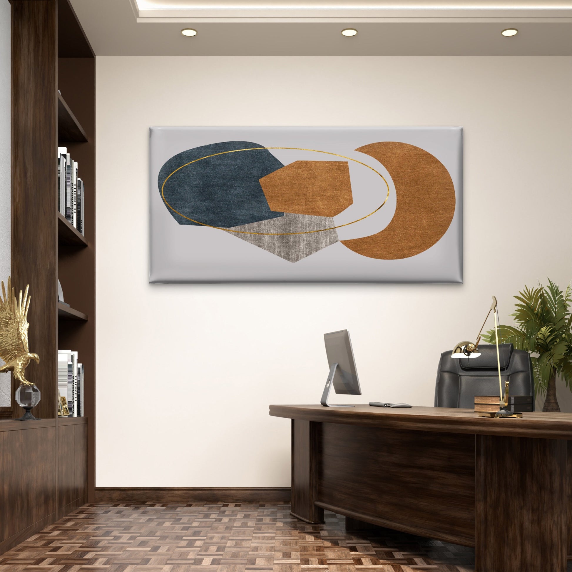 Modern Blue Gold Geometry Wall Art Canvas Office Home Room Framed 120x60cm - Bella Home Decor