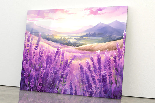 Field Of Purple Flowers, Sky & Mountains Acrylic Glass Print Tempered Glass Wall Art 100% Made in Australia Ready to Hang - Bella Home Decor
