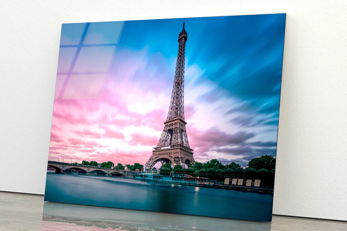 Eiffel Tower From Seine River with Evening Purple Blue Sky Acrylic Glass Print Tempered Glass Wall Art 100% Made in Australia Ready to Hang - Bella Home Decor