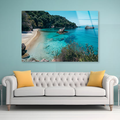 Beach, Blue Ocean and a Rocky Shore Acrylic Glass Print Tempered Glass Wall Art 100% Made in Australia Ready to Hang - Bella Home Decor