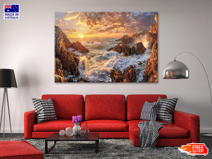 Rocky Coastline at Sunset with Waves Print 100% Australian Made - Bella Home Decor