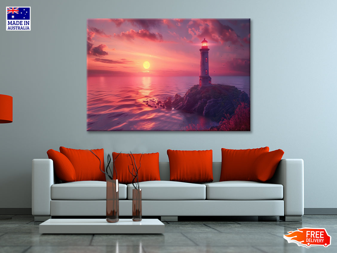 Lighthouse Standing On a Rocky Shore & Sky Print 100% Australian Made - Bella Home Decor