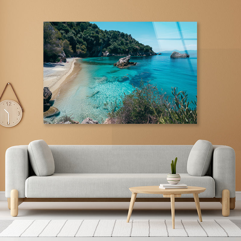 Beach, Blue Ocean and a Rocky Shore Acrylic Glass Print Tempered Glass Wall Art 100% Made in Australia Ready to Hang - Bella Home Decor