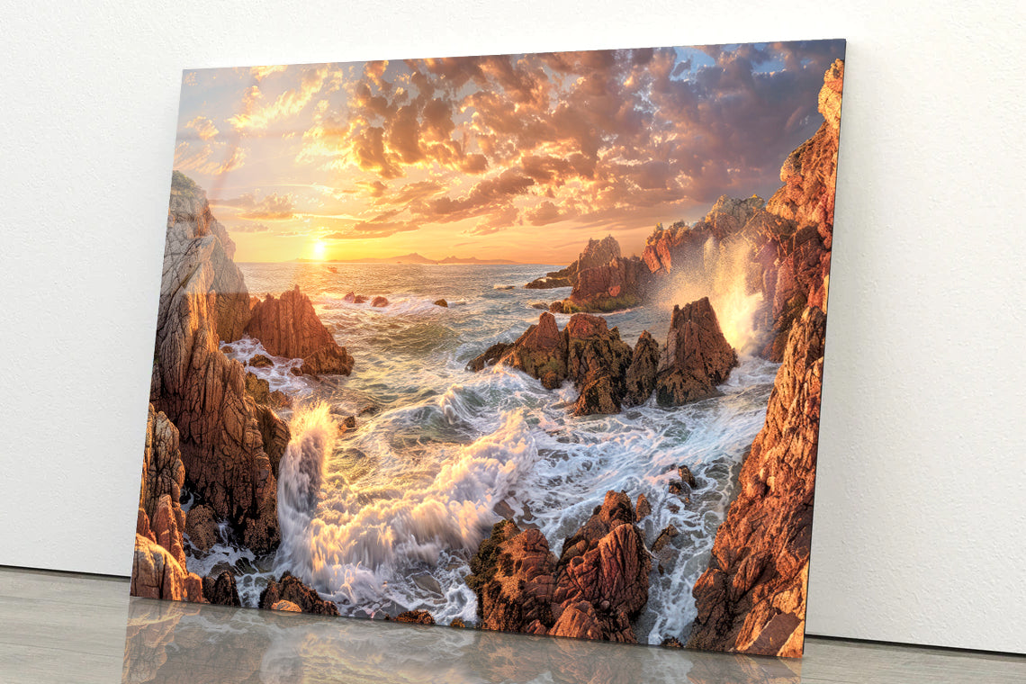 Rocky Coastline at Sunset with Waves Acrylic Glass Print Tempered Glass Wall Art 100% Made in Australia Ready to Hang - Bella Home Decor