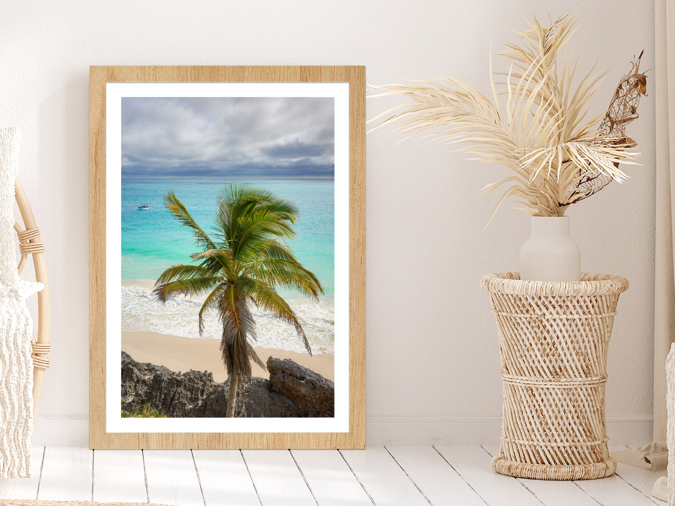 Palm Tree & Rocks near Beach Photograph Glass Framed Wall Art, Ready to Hang Quality Print With White Border Oak