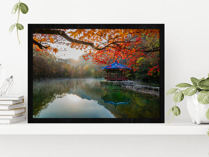 Autumn Leaves On Shore Of The Lake Glass Framed Wall Art, Ready to Hang Quality Print Without White Border Black