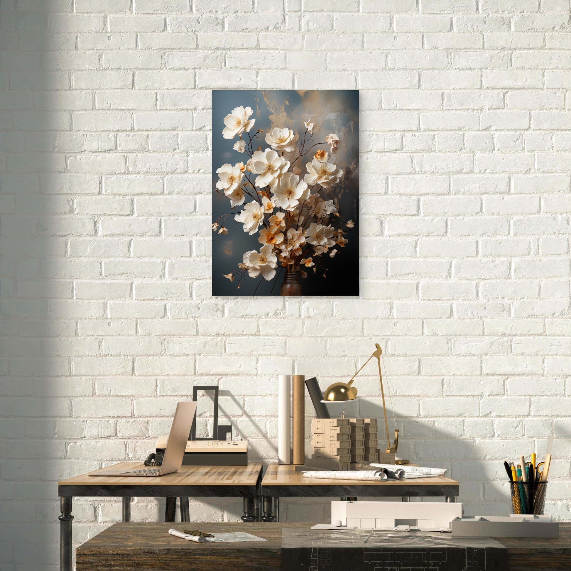 White Magnolia Floral Branch 40x60cm Metal Print Ready to Hang - Bella Home Decor
