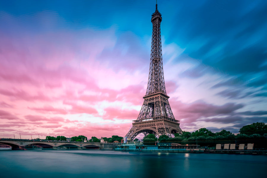 Eiffel Tower From Seine River with Evening Purple Blue Sky Home Decor Premium Quality Poster Print Choose Your Sizes