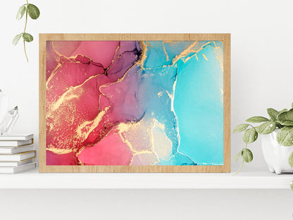 Pink Blue & Gold Abstract Paint Glass Framed Wall Art, Ready to Hang Quality Print Without White Border Oak