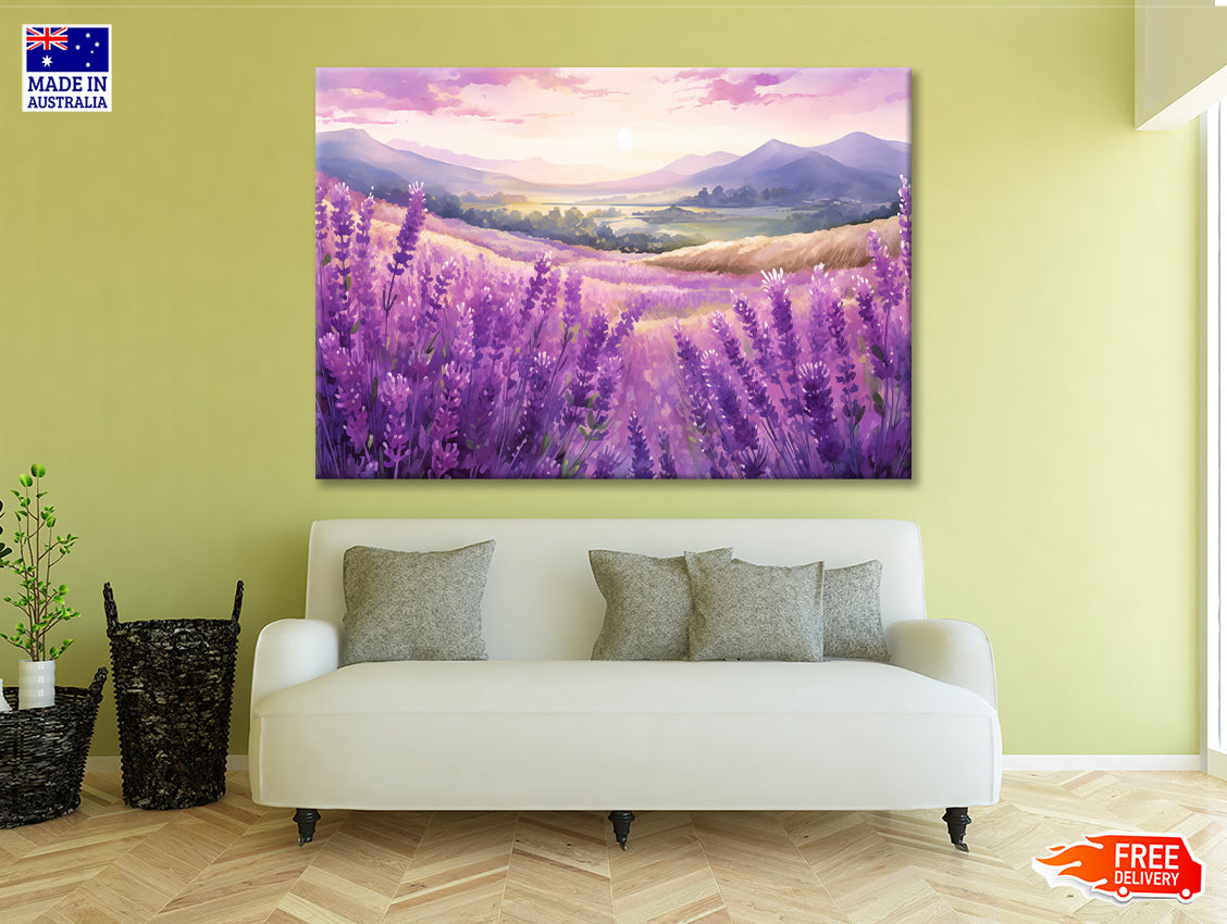 Field Of Purple Flowers, Sky & Mountains Print 100% Australian Made - Bella Home Decor