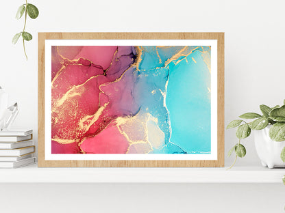 Pink Blue & Gold Abstract Paint Glass Framed Wall Art, Ready to Hang Quality Print With White Border Oak