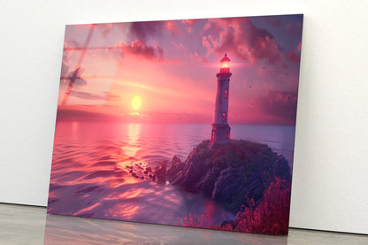 Lighthouse Standing On a Rocky Shore & Sky Acrylic Glass Print Tempered Glass Wall Art 100% Made in Australia Ready to Hang - Bella Home Decor
