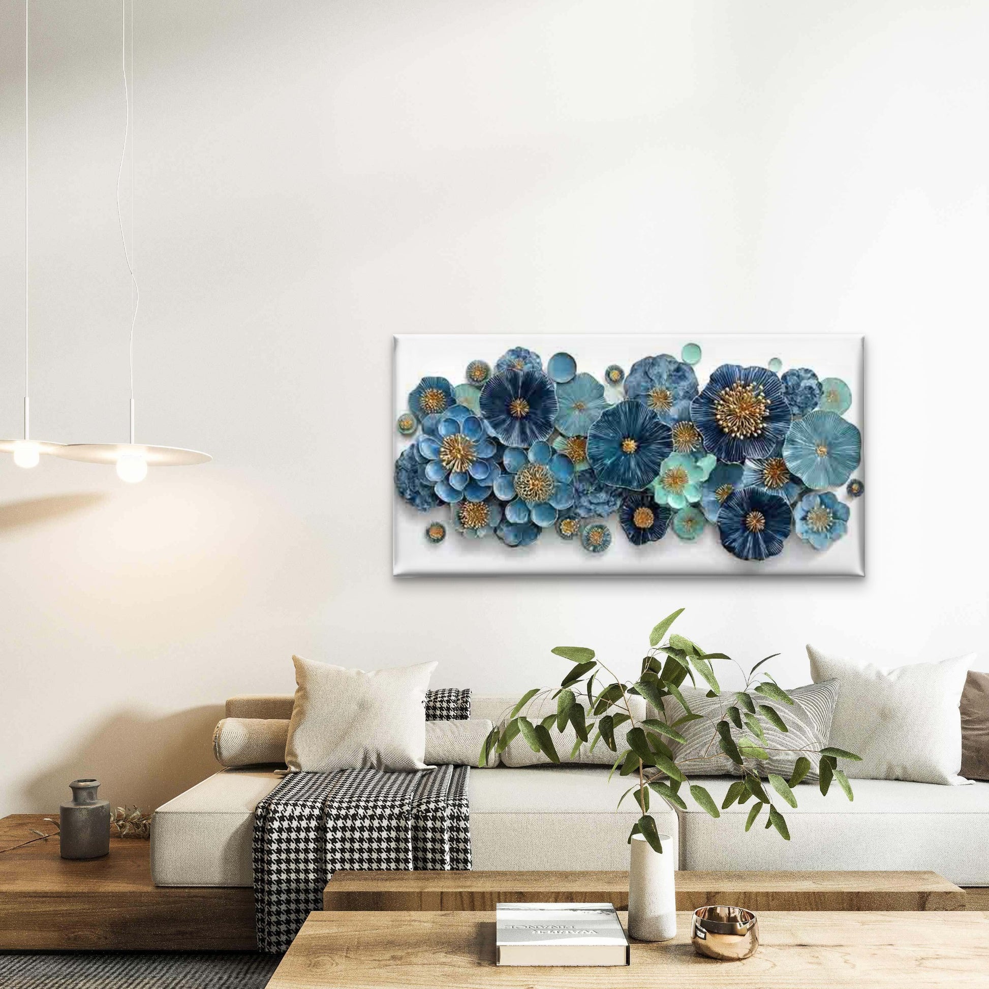 Abstract Blue & Dahlia Flowers Wall Art Canvas Office Home Room Framed 120x60cm - Bella Home Decor