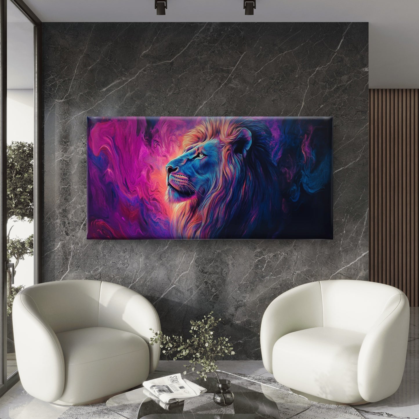 Purple Blue Neon Abstract Lion Wall Art Canvas Office Home Room Framed 120x60cm - Bella Home Decor