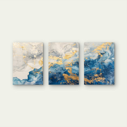 3pcs Blue Gold Fluid Ink Panel Set Wall Art Set Canvas Framed 40x60cm - High Quality Print 100% Australian Made Wall Canvas Ready to Hang - Bella Home Decor