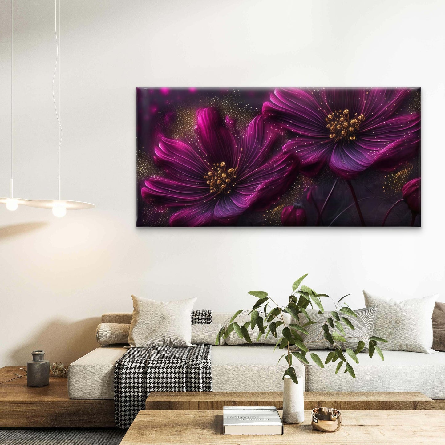 Purple & Golden Cosmos Flowers Wall Art Canvas Office Home Room Framed 120x60cm
