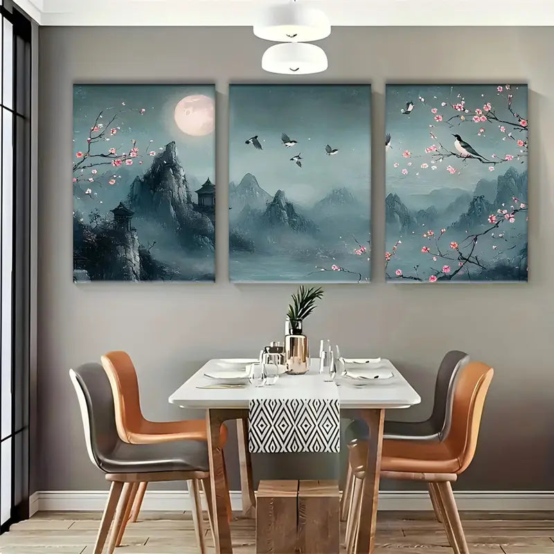 3pcs Floral Full Moon Canvas Metal Print Ready to Hang Art